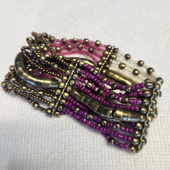 Purple, Pink, Cream, and Gold Beaded Stetch Bracelet - Picture 2 of 5